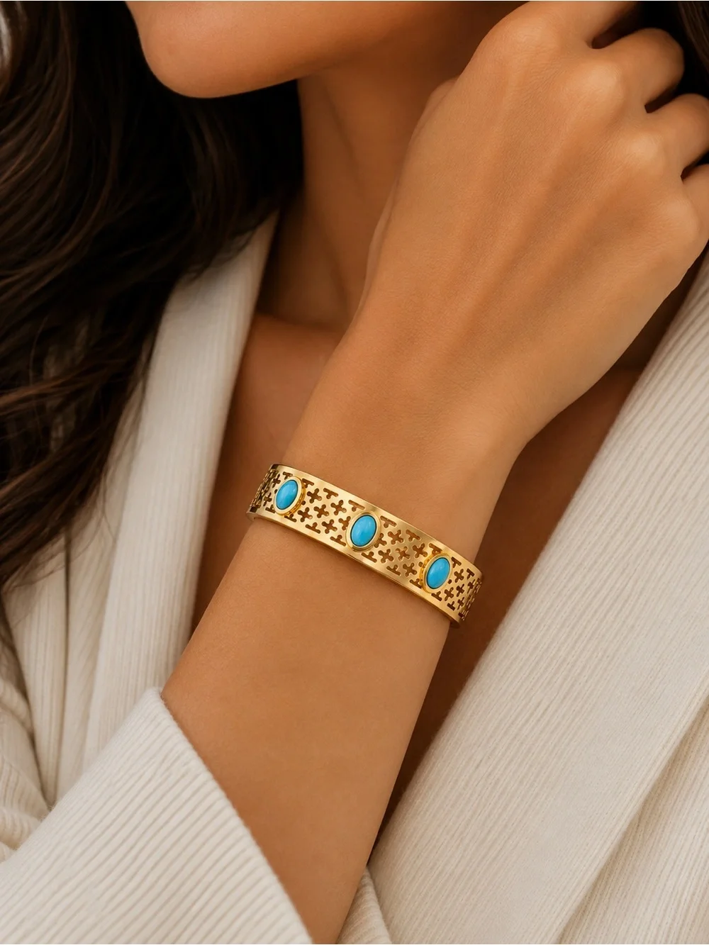 Gold Tone Bangle Bracelet with Turquoise Cabochons